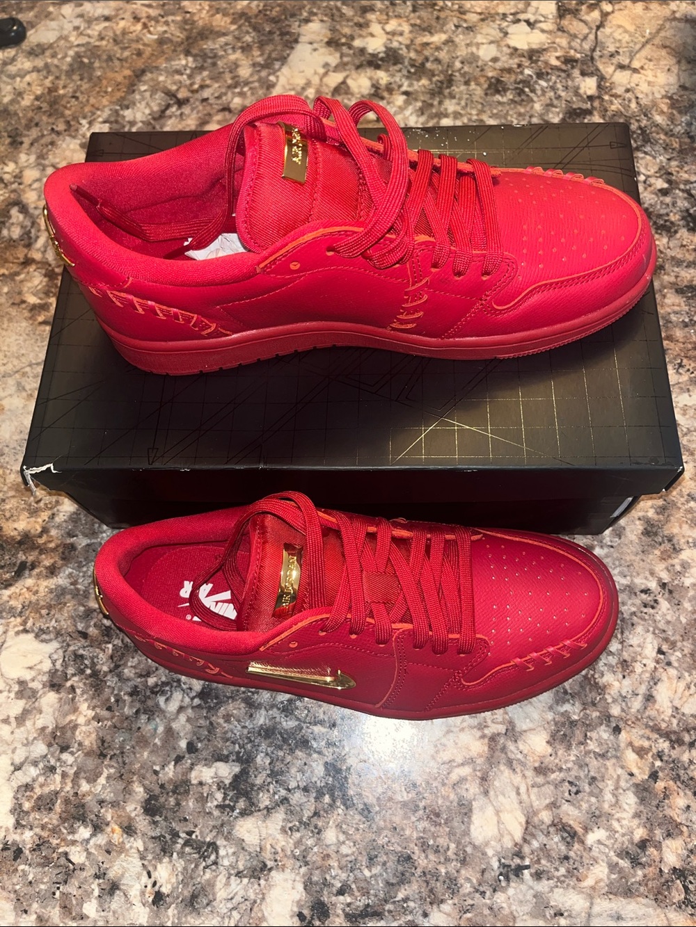 Nike Red AIR JORDANS Low-Top Sneakers with Gold Accents-